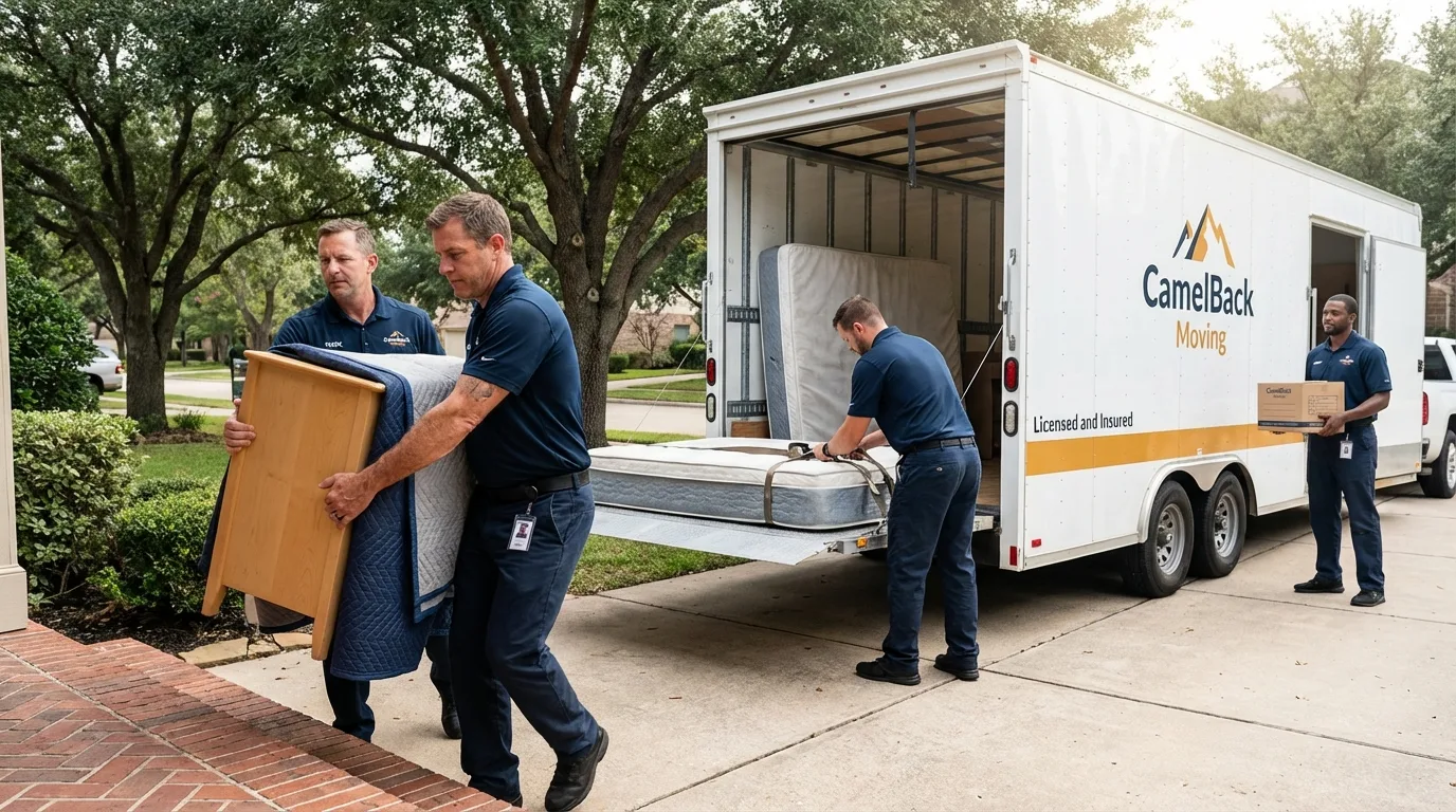 Crew loading residential truck for cross-state move from Rupert, ID